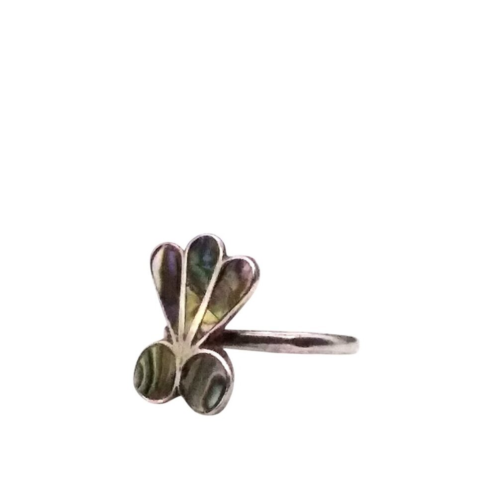 Vintage Mexico Sterling Silver and Abalone Adjustable Ring, Stylized Abstract